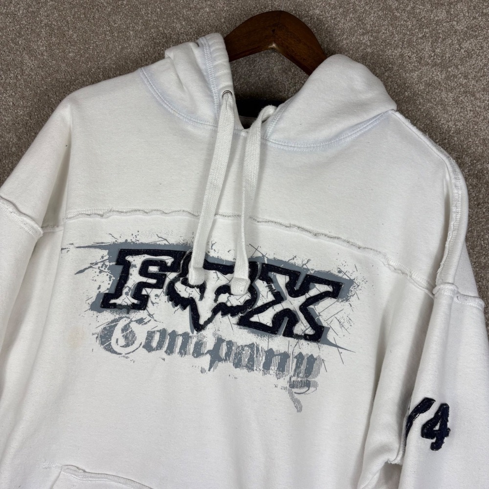 Fox Racing Company Hoodie White Y2K Distressed Graphic Sweatshirt Mens XL